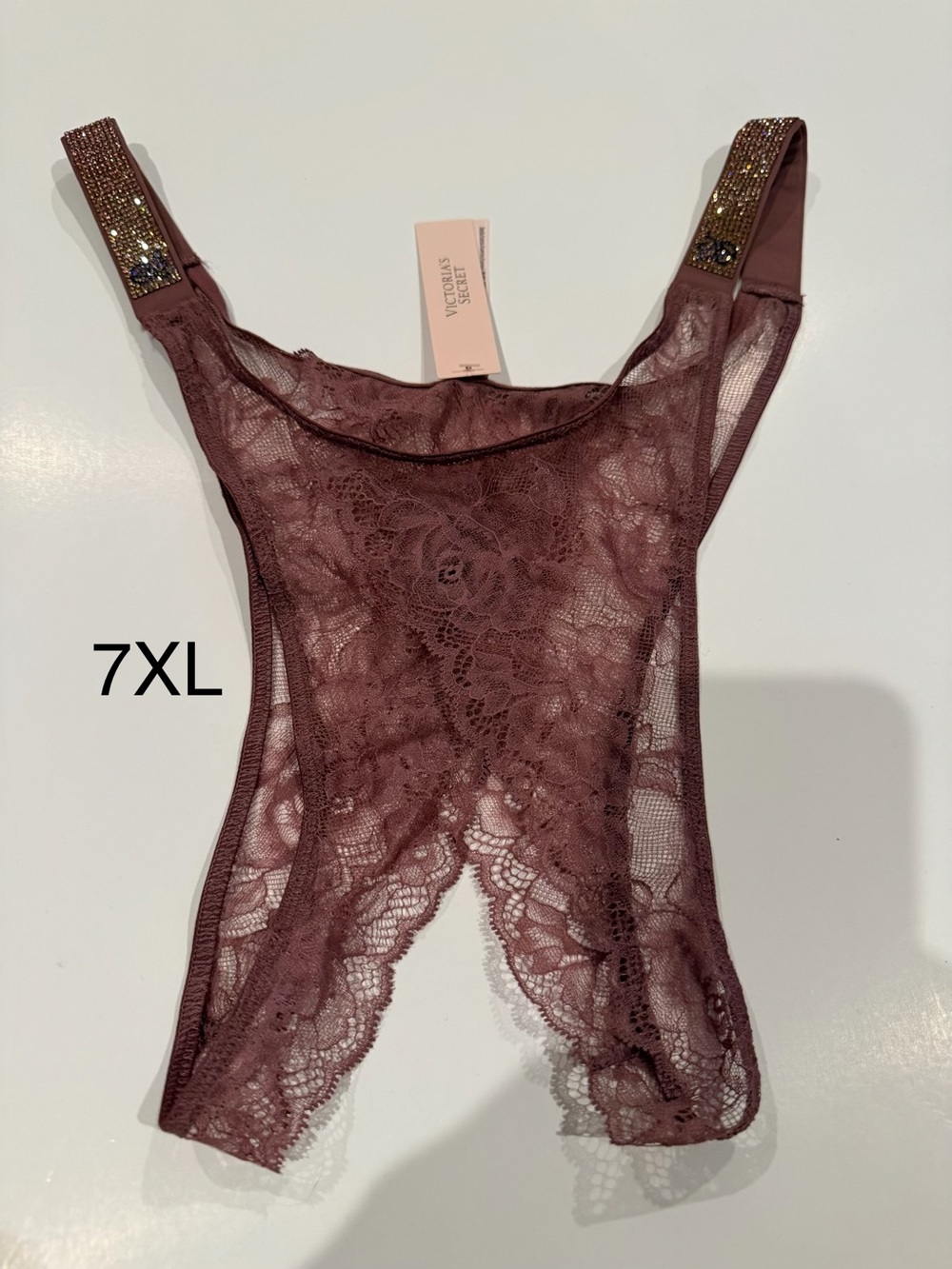 Victoria's Secret Lace Crotchless Panty with Rhinestone Straps- Soft Brown